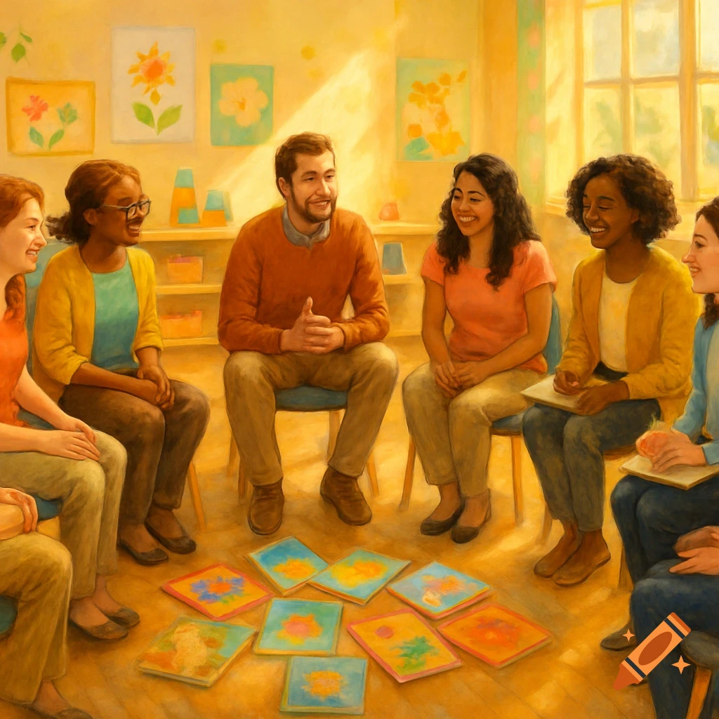 A diverse group of smiling adults sitting in a circle around colorful children's books in a bright, warm, painterly room.