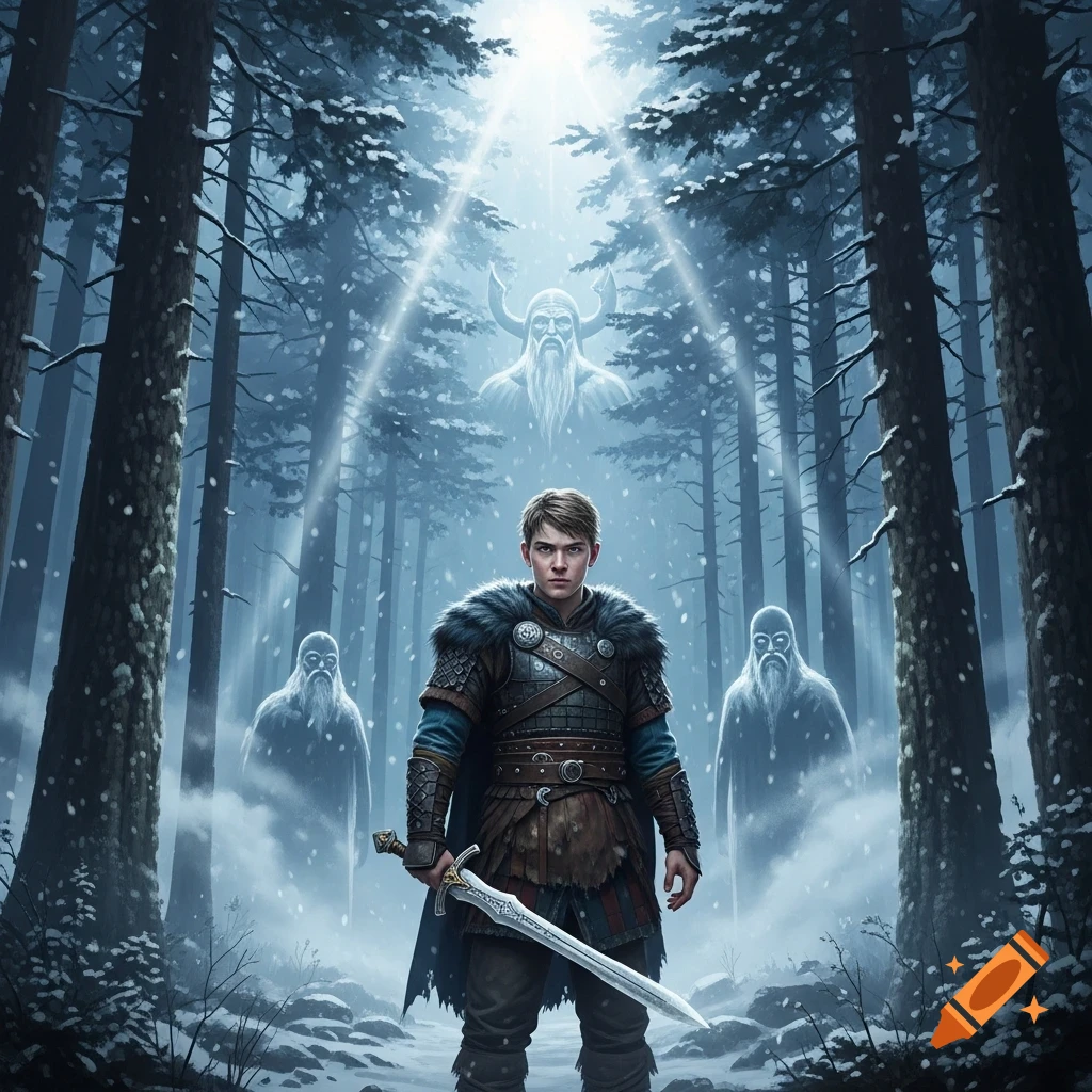 A young warrior in fur-trimmed armor with a sword stands in a snowy forest, with three ghostly figures in the background and light shining from above. Fantastical style.