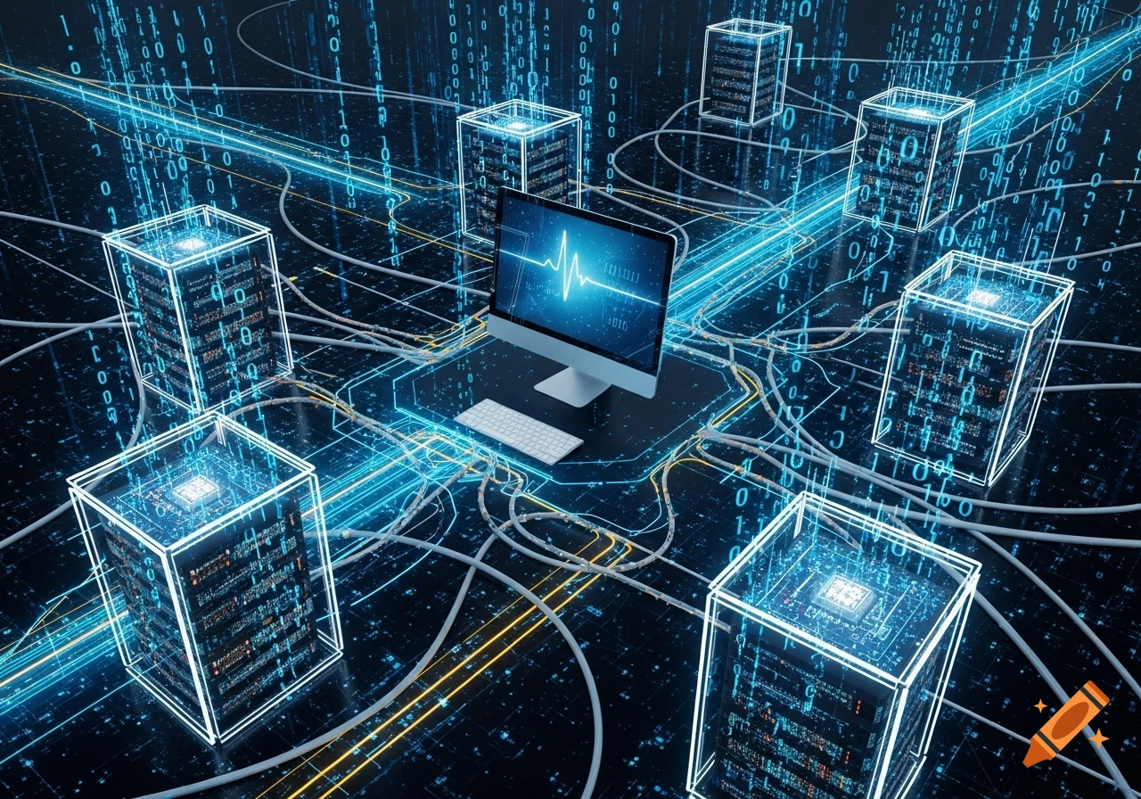An abstract digital illustration showing a computer, server racks, and data flowing through a network with glowing blue lines and binary code.