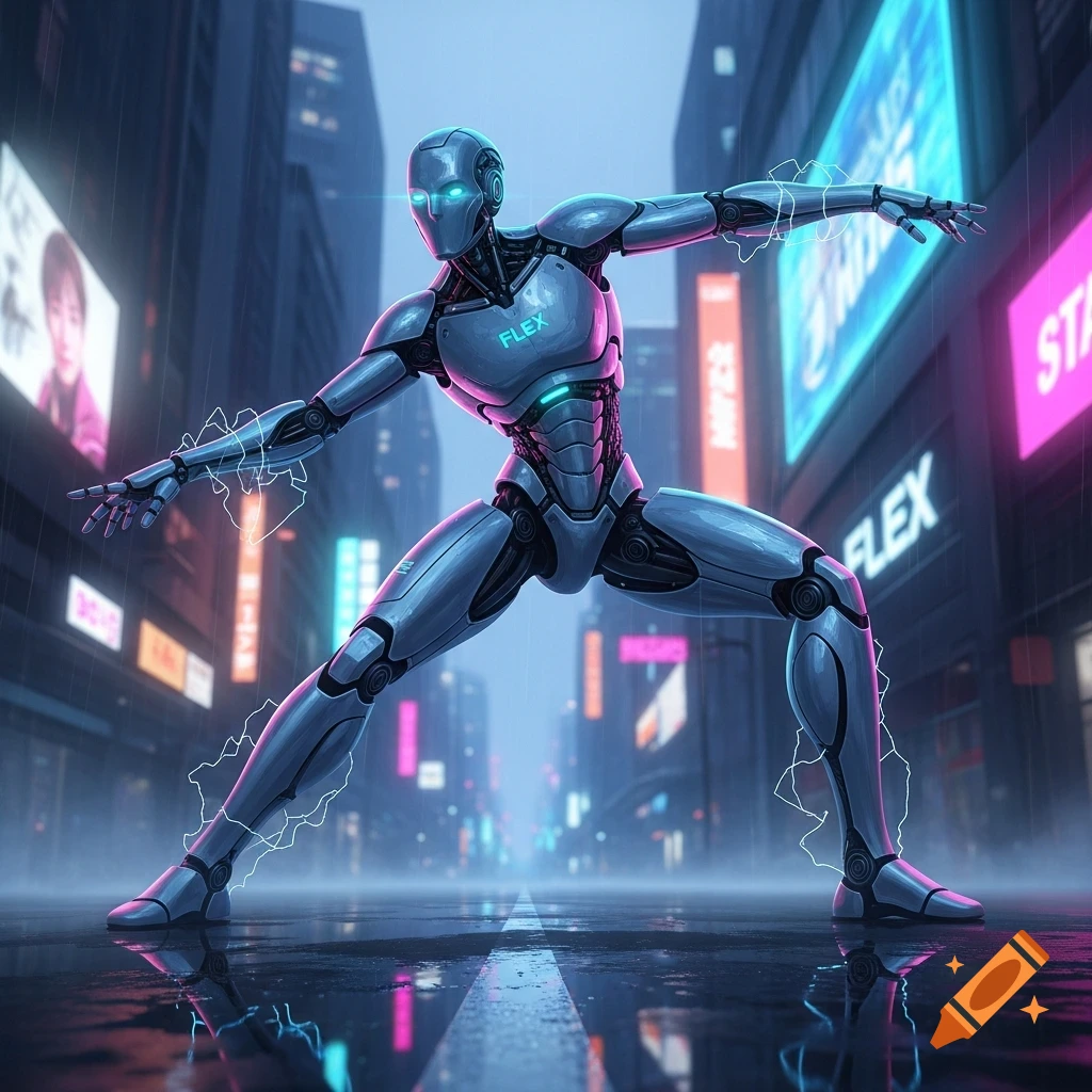 A metallic robot with glowing blue eyes and chest stands in a dynamic ...
