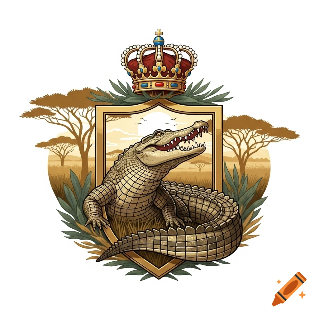 A stylized emblem featuring a crocodile with its mouth open, set against a savanna background, topped with a royal crown.
