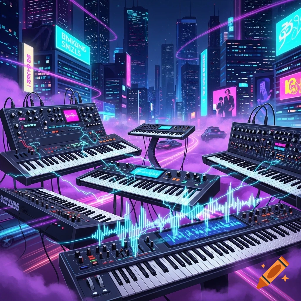 Synthesizers with keyboards and control panels floating in a neon-lit futuristic city with glowing purple and blue hues, in a new retro wave style.