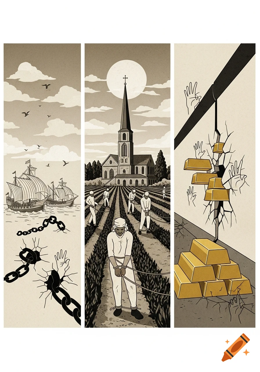Three-panel sepia-toned collage showing ships and chains, people in fields with a church, and gold bars cracking a wall with reaching hands, in a minimalist, vector art style.