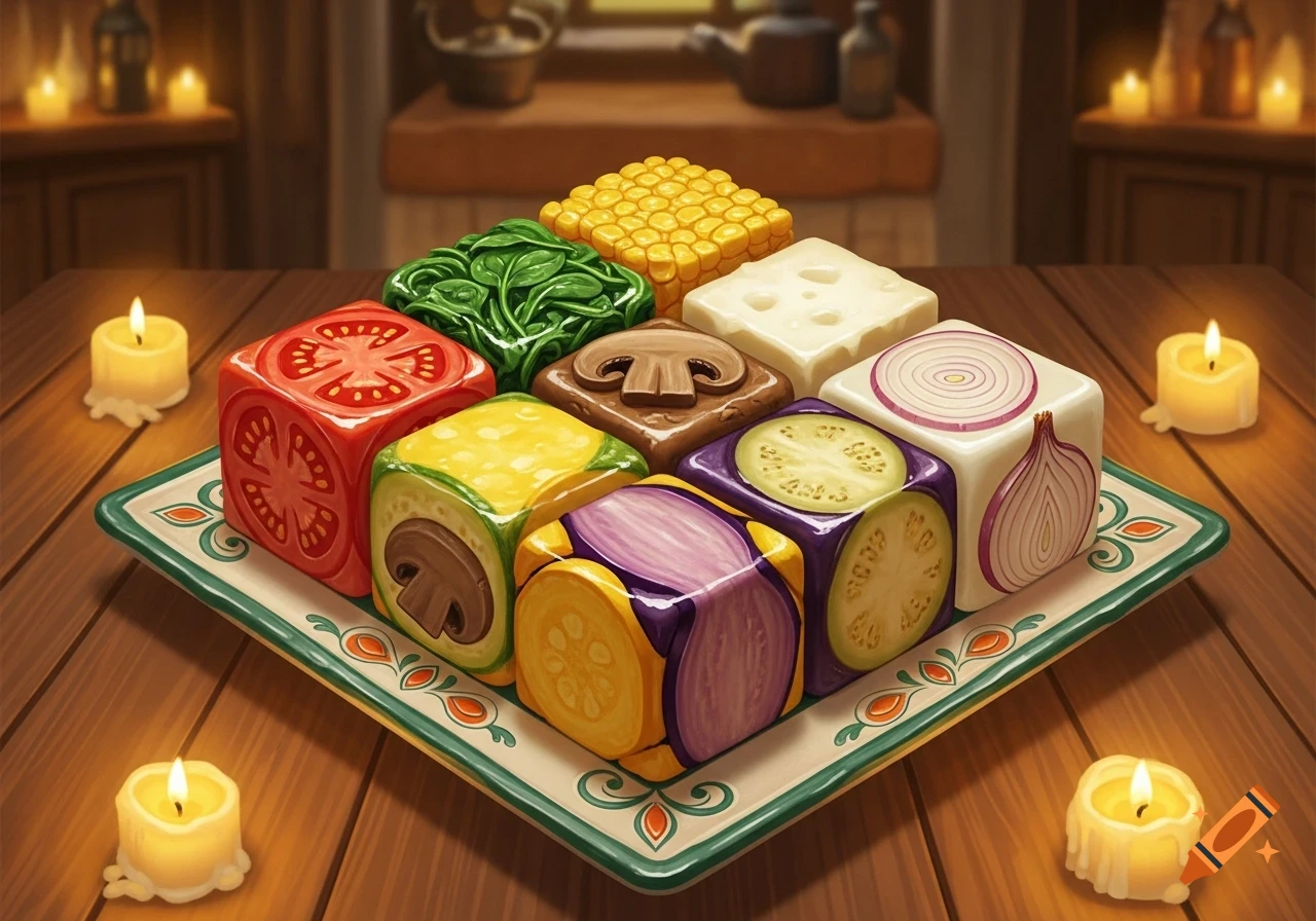 Stylized illustration of eight food cubes representing vegetables and cheese on a decorative platter, illuminated by candles on a wooden table.