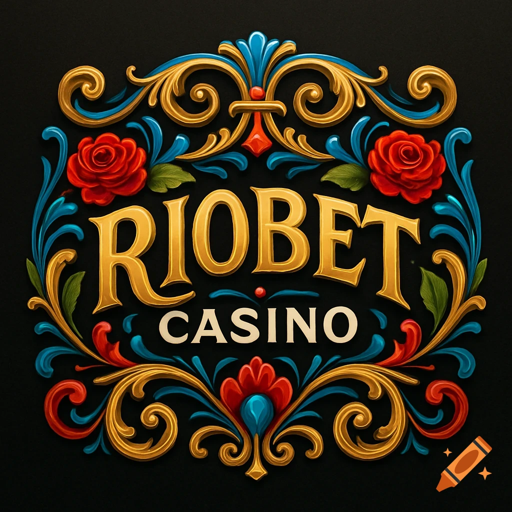 Ornate Riobet Casino logo in Argentine fileteado art style, with gold, blue, red scrollwork and roses on black.