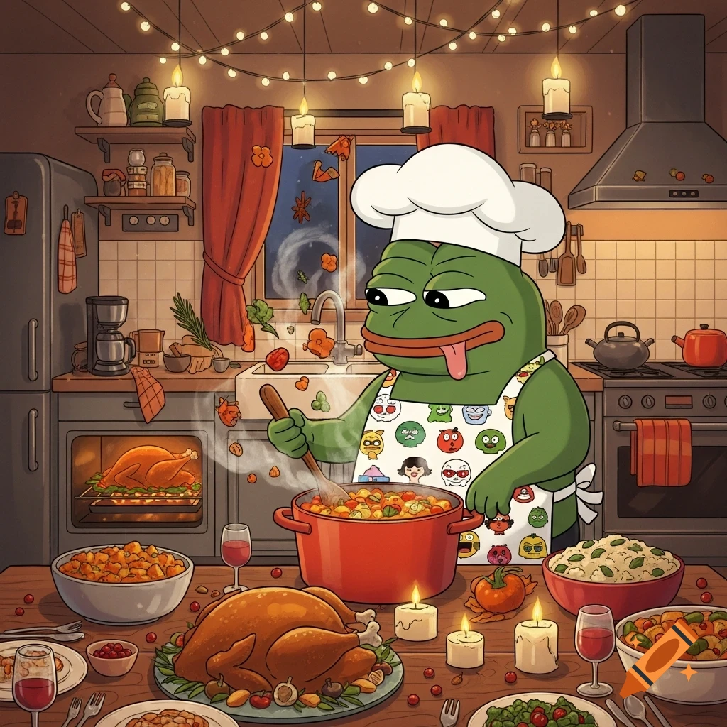 Pepe the frog, wearing a chef's hat and apron, happily cooks Thanksgiving dinner in a cozy kitchen with roasted turkeys and side dishes.