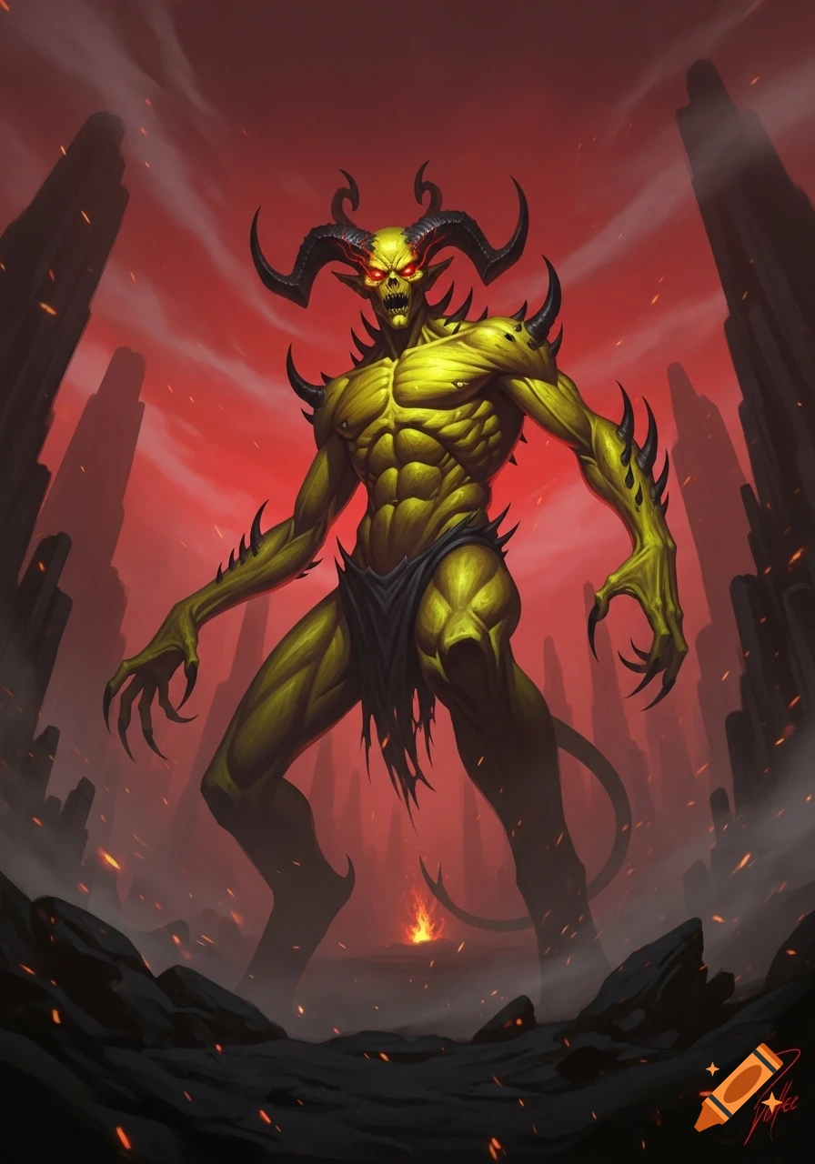 A menacing yellow demon with horns and glowing red eyes stands in a fiery hellscape amidst jagged rocks, dark fantasy illustration.