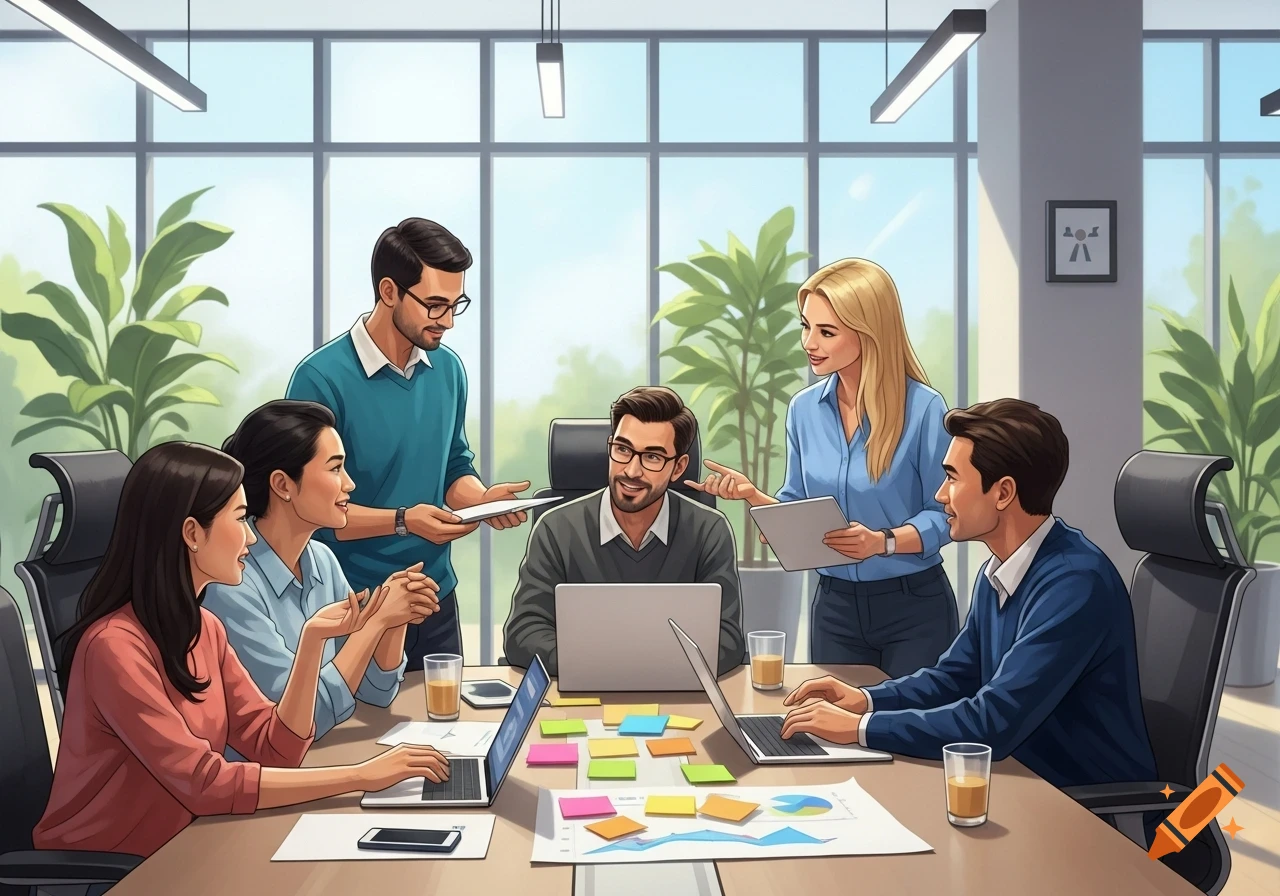An illustrated diverse team of six people collaboratively working around a meeting table in a modern office.