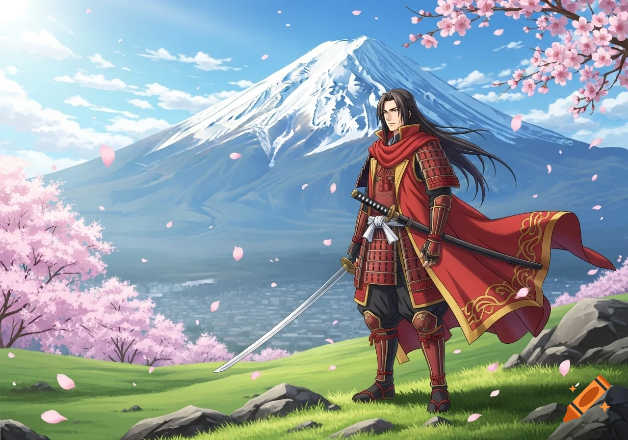 Anime-style samurai in red armor standing with a katana in front of snowy Mt. Fuji and cherry blossoms.