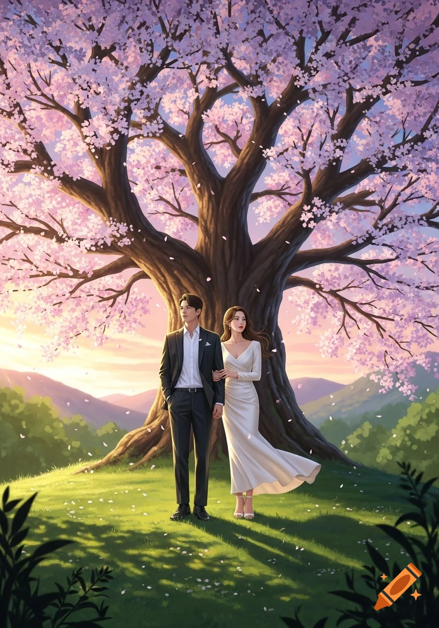 A romantic illustration of a couple standing arm-in-arm under a large, vibrant cherry blossom tree with falling petals in a field at sunset.