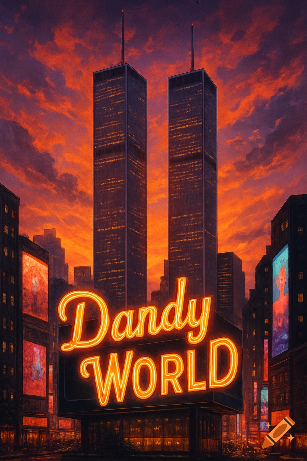 Vibrant art depicting two tall twin towers and a neon sign glowing 'Dandy WORLD' in a cityscape at sunset.