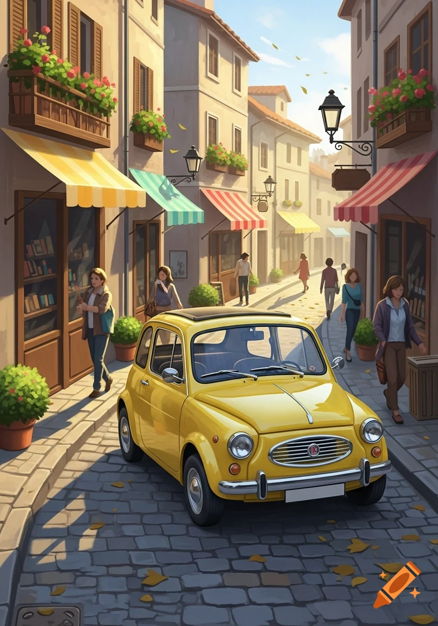 A charming illustration of a yellow vintage car parked on a cobblestone street lined with shops and people walking in a sunny European town.