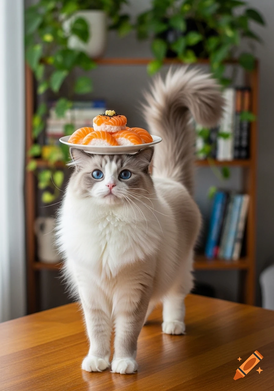 Photorealistic ragdoll cat on a wooden table, balancing a plate of salmon sushi on its head, with plants and books in the background.