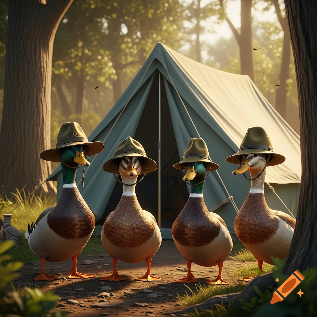 Four ducks wearing large military-style hats stand on a dirt path in front of a green camping tent in a sunny forest.