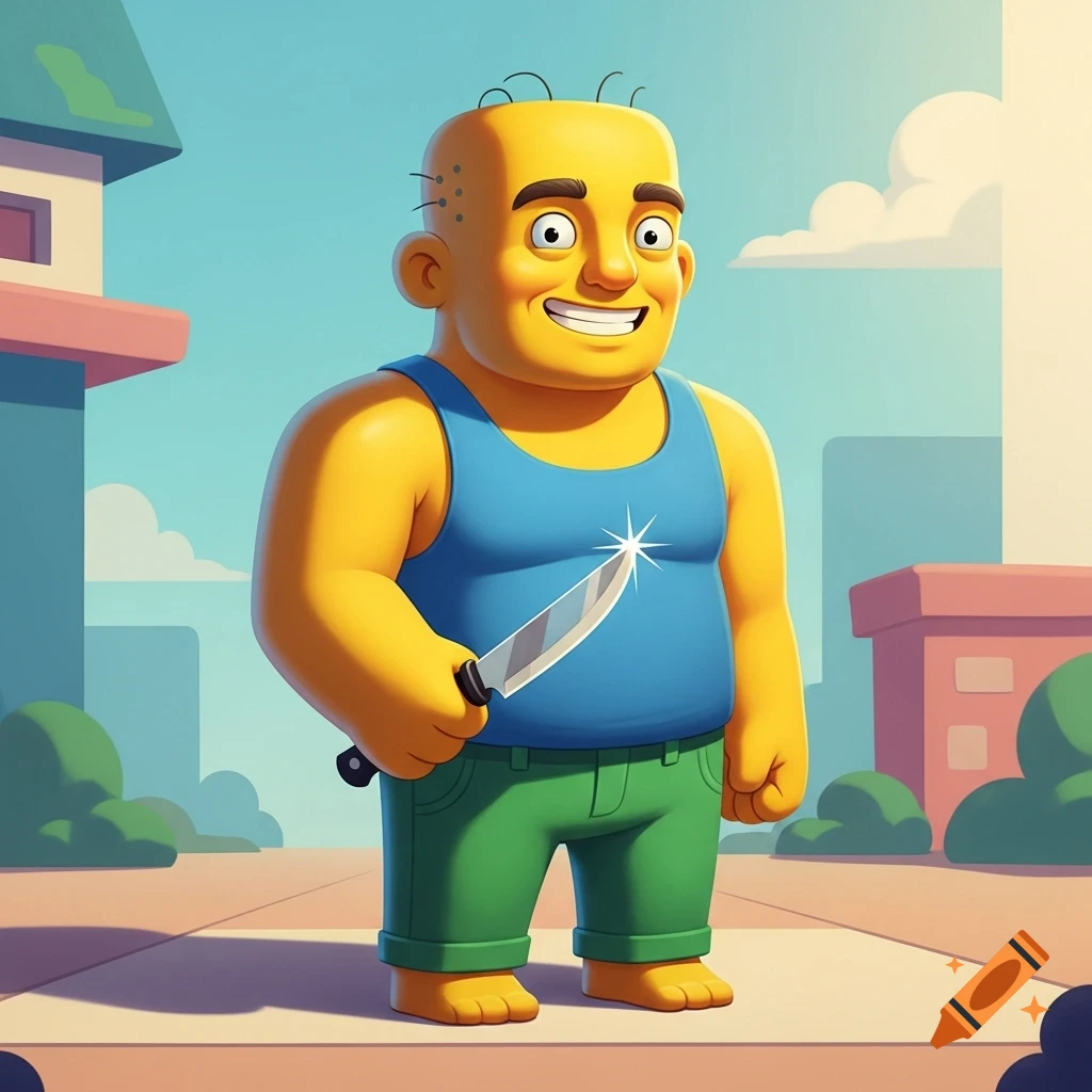 A bald, yellow-skinned cartoon man in a blue tank top and green pants smiles while holding a knife on a sunny street.