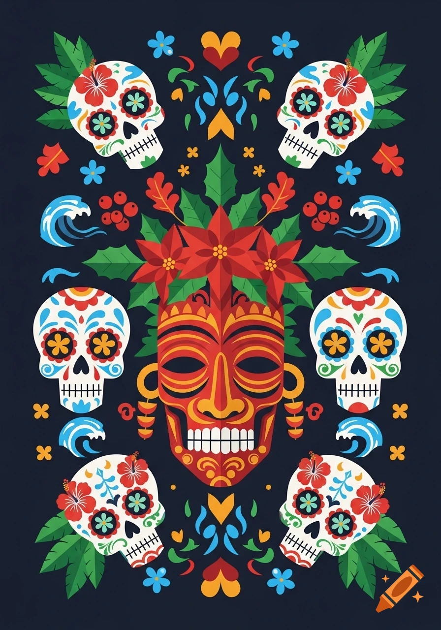 Vibrant vector art featuring a central red and yellow tribal mask, surrounded by decorated sugar skulls, tropical flowers, poinsettias, and blue waves.