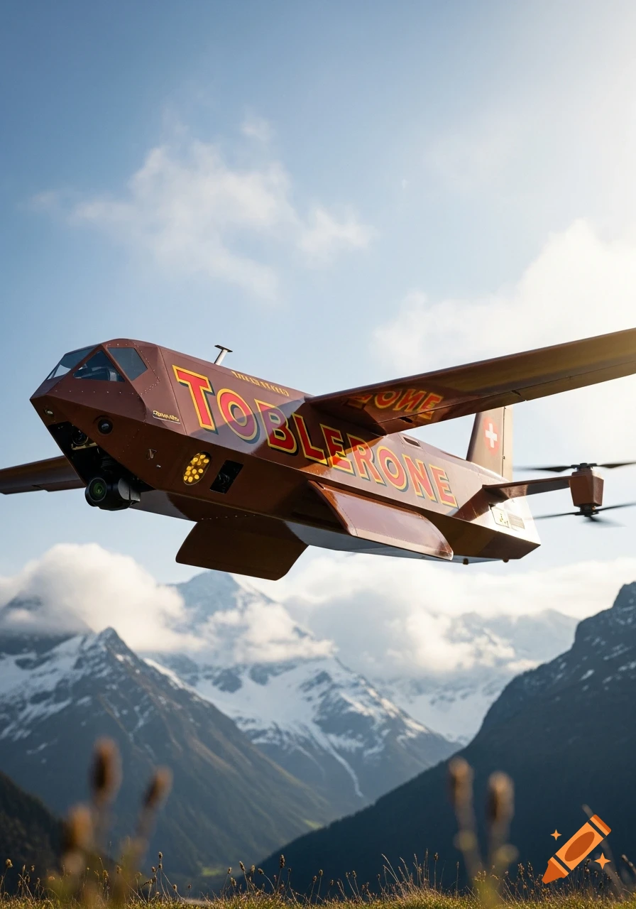 A brown drone shaped like a Toblerone bar, with 'TOBLERONE' in red and yellow text, flies over snowy mountains.