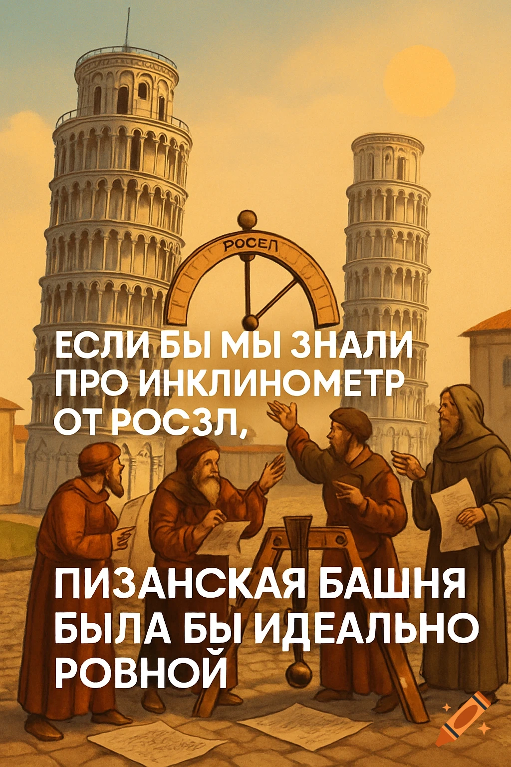 Illustration of historical figures in front of the Leaning Tower of Pisa, with a straight Pisa tower and an inclinometer. Russian text overlaid.