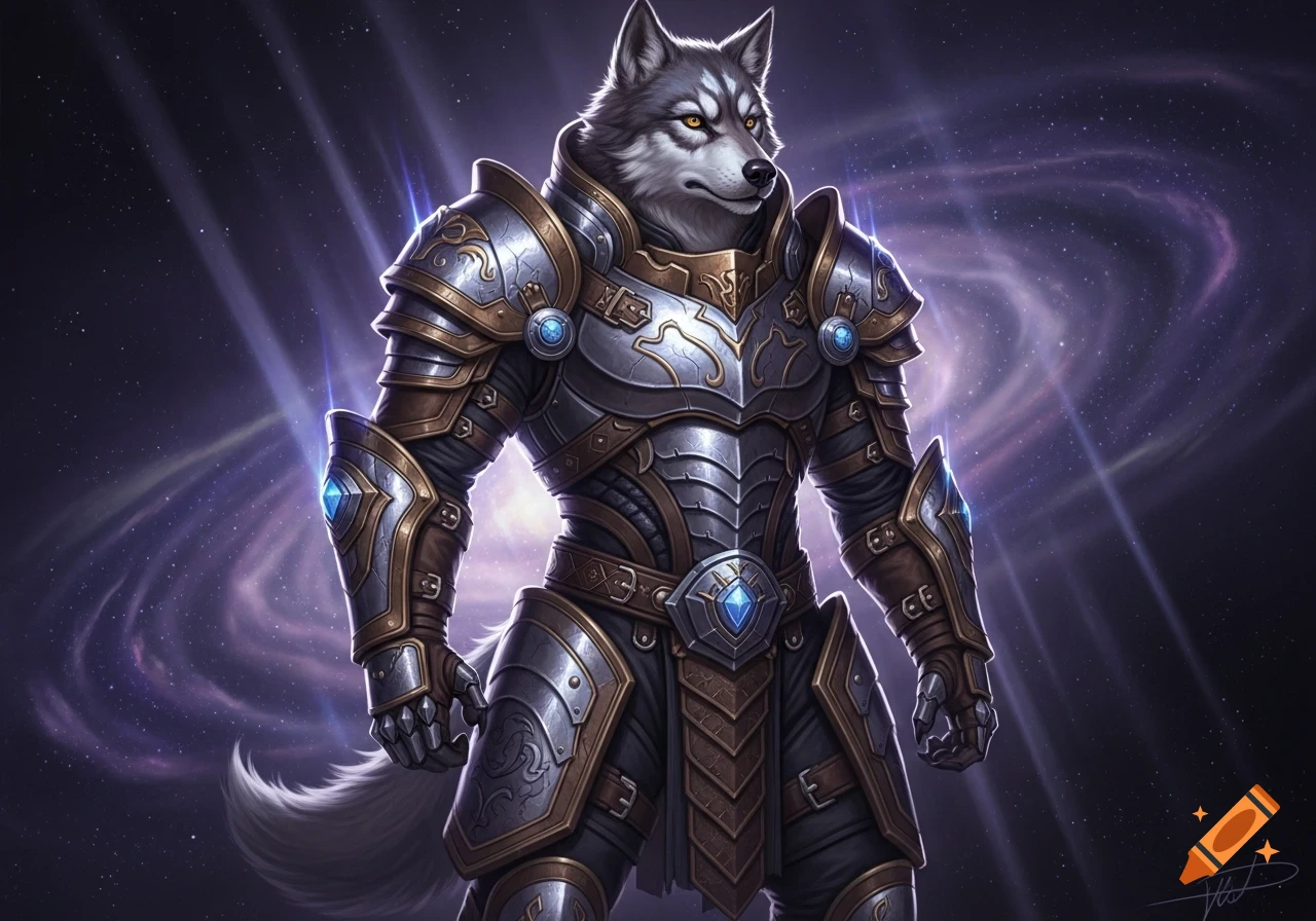 A powerful humanoid wolf warrior in ornate silver and gold armor with glowing blue gems, stands against a swirling purple and black cosmic background.