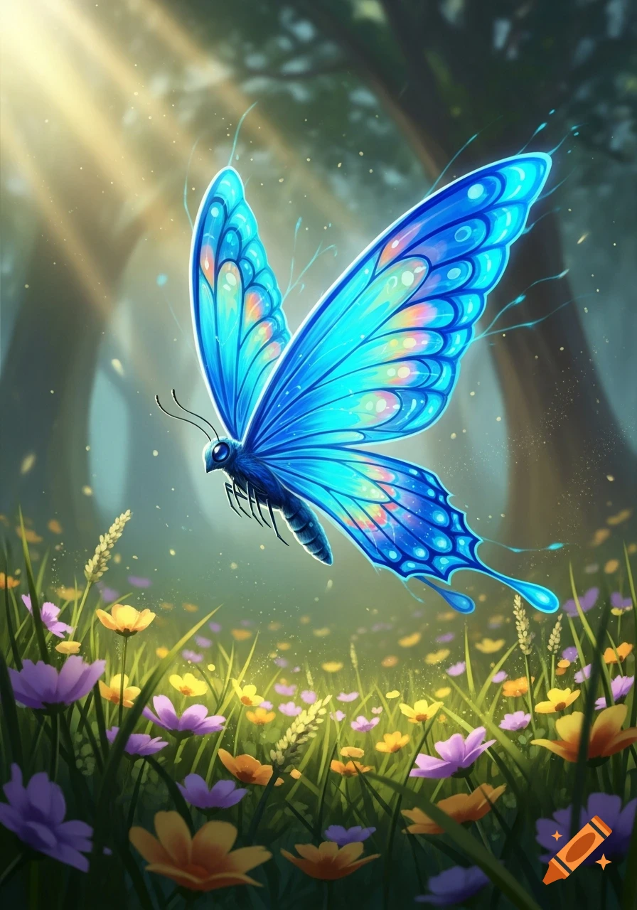 A vibrant blue butterfly with glowing wings flies over a field of purple and yellow flowers in a sunlit forest.