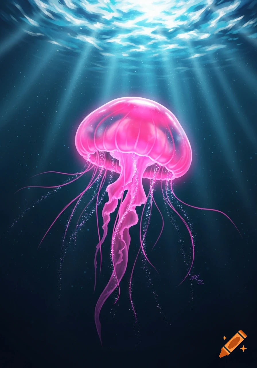 A vibrant pink, glowing jellyfish with long, sparkling tendrils floats in dark blue water, illuminated by light rays.