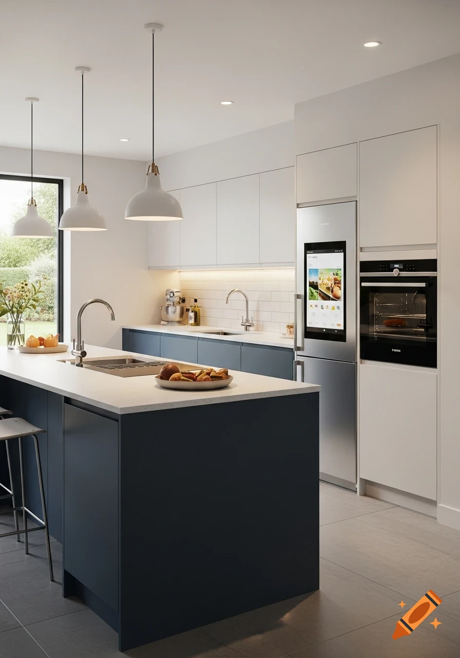 A modern kitchen with dark blue lower cabinets and island, white upper cabinets, stainless steel appliances, and a smart refrigerator screen.