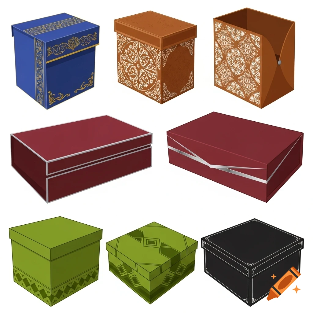 Nine decorative paper boxes in various colors and patterns, rendered in a vector art style on a white background.