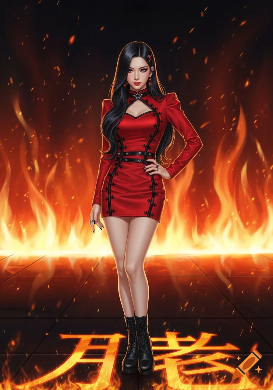 A K-pop idol-style woman in a red dress and black boots stands amidst flames, with glowing characters on the floor.