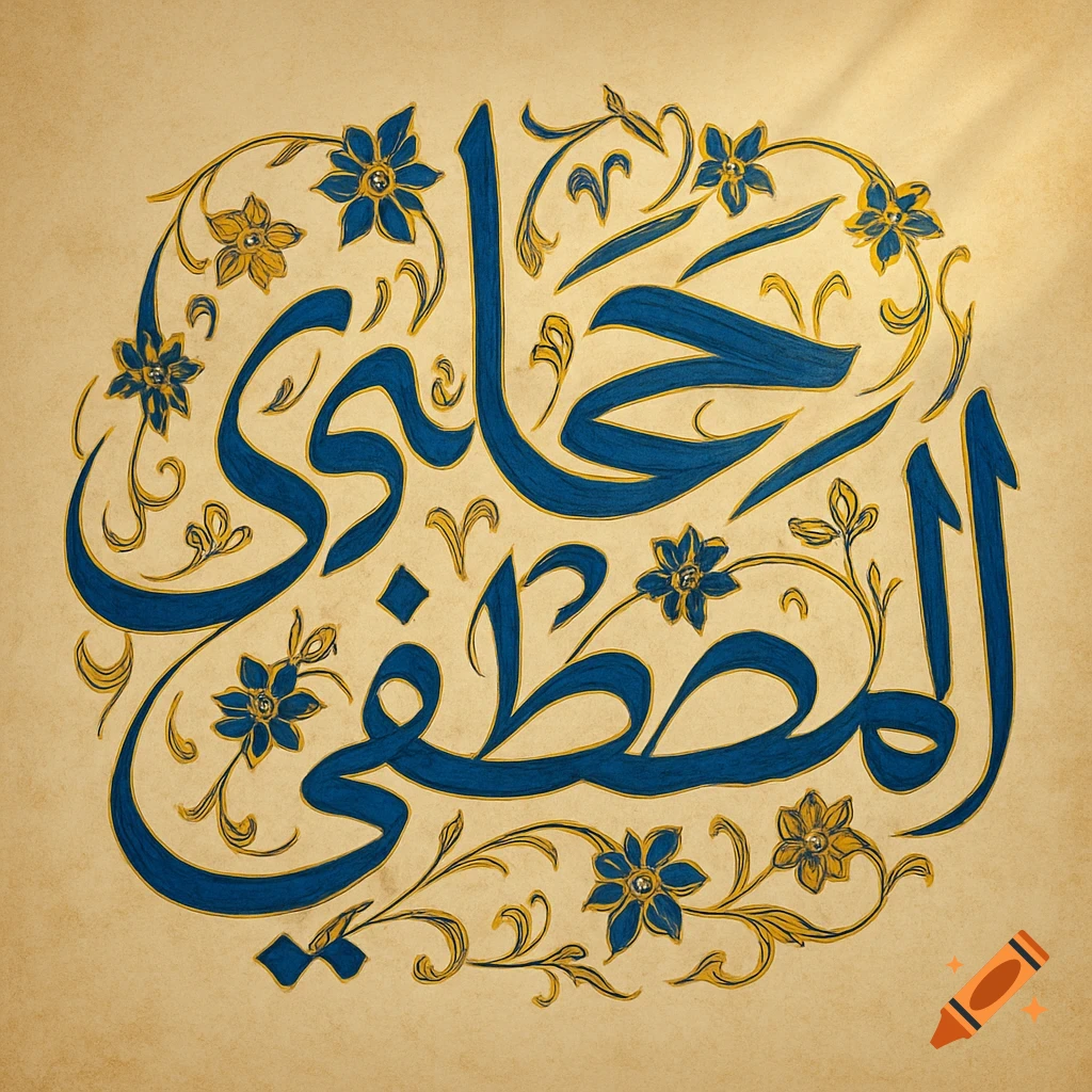 Blue Arabic calligraphy for 'Reyhaneh Al-Mustafa' surrounded by yellow flowers on textured parchment.