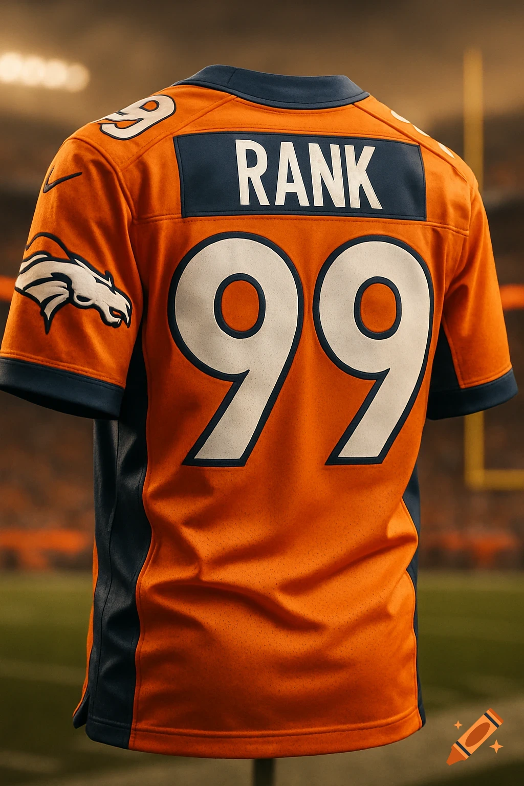 A close-up back view of an orange Denver Broncos football jersey with the name "RANK" and number "99" in white, against a blurred stadium background.
