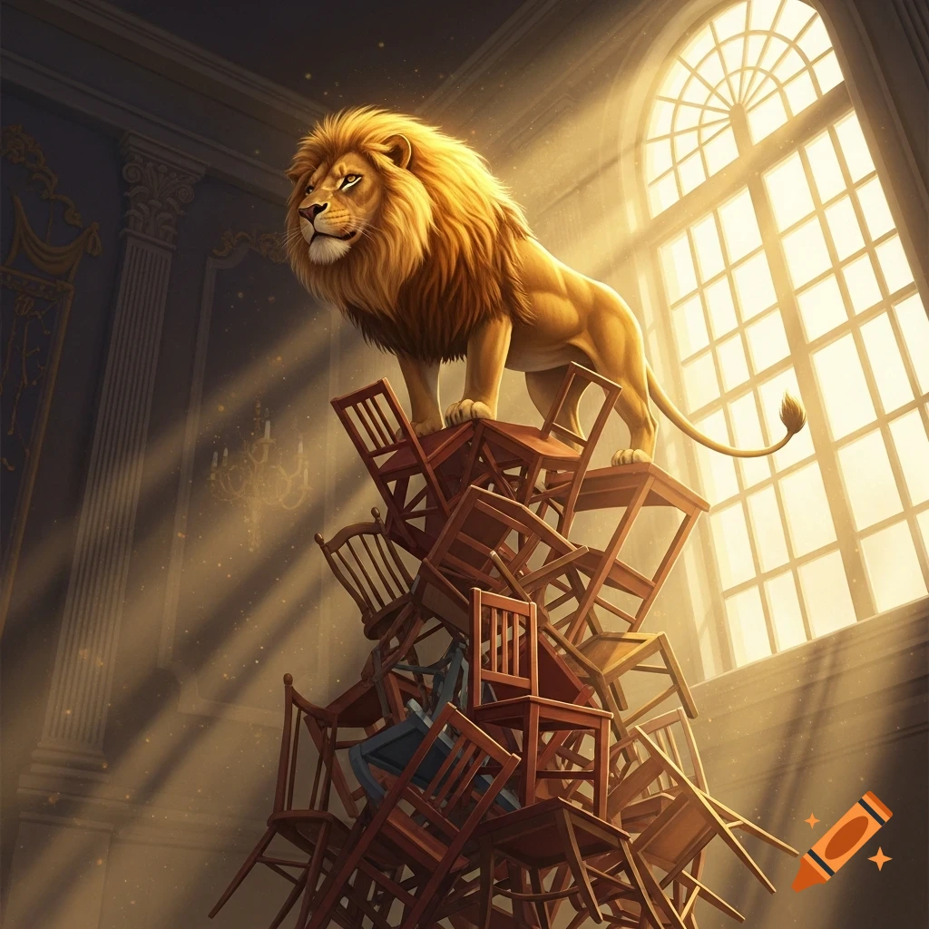A majestic lion stands on a tall, precarious pile of wooden chairs inside a grand, sunlit room with an arched window.