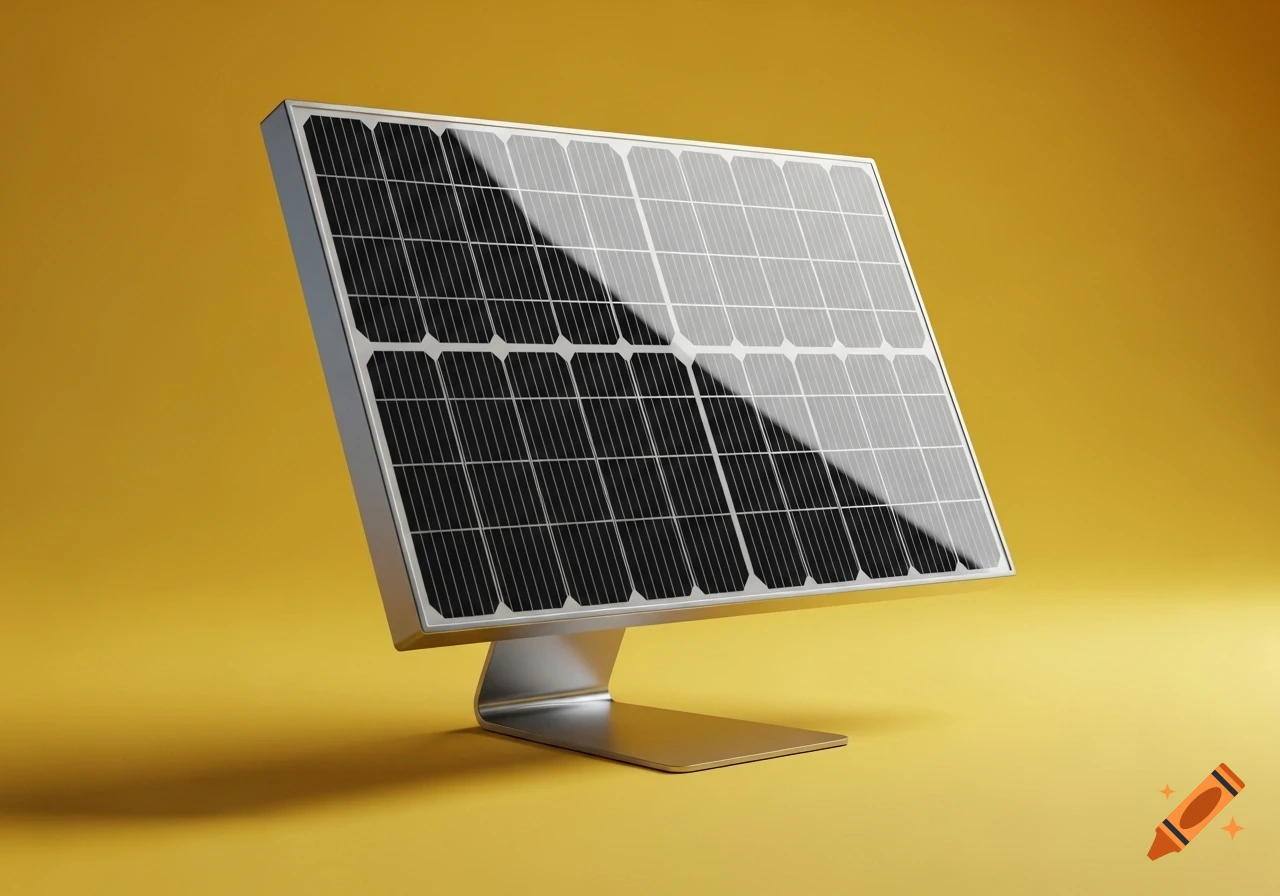 A modern, sleek solar panel on a silver stand, set against a vibrant yellow background.