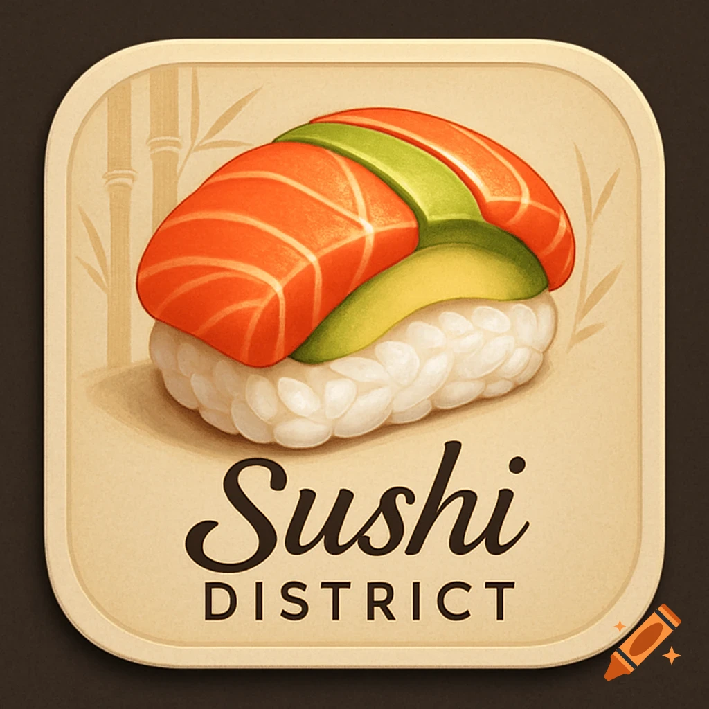 An app icon featuring a stylized piece of salmon and avocado nigiri sushi over the text "Sushi DISTRICT" on a beige background with bamboo silhouettes.