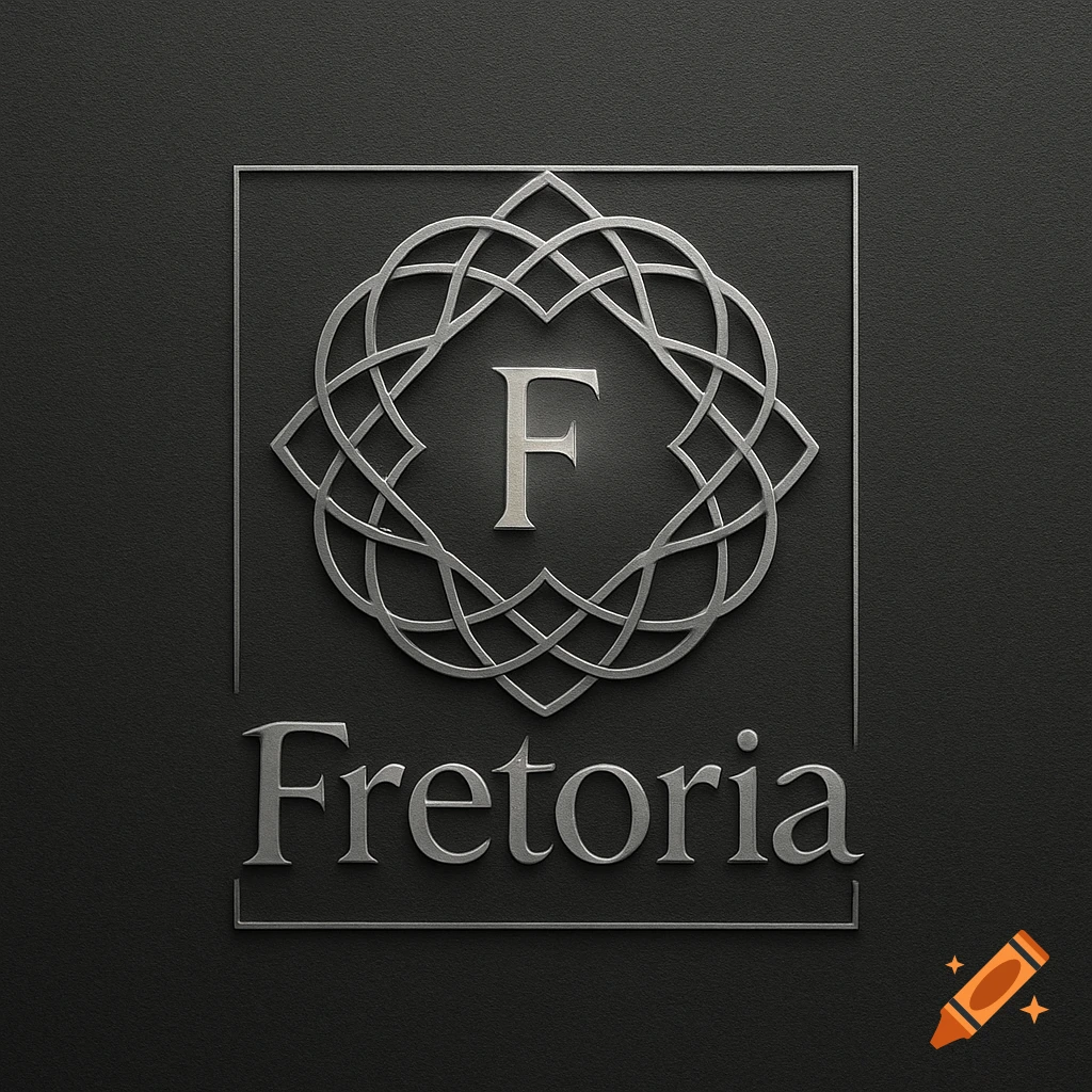 Silver metallic logo with an ornate 'F' emblem and the word 'Fretoria' on a dark background.