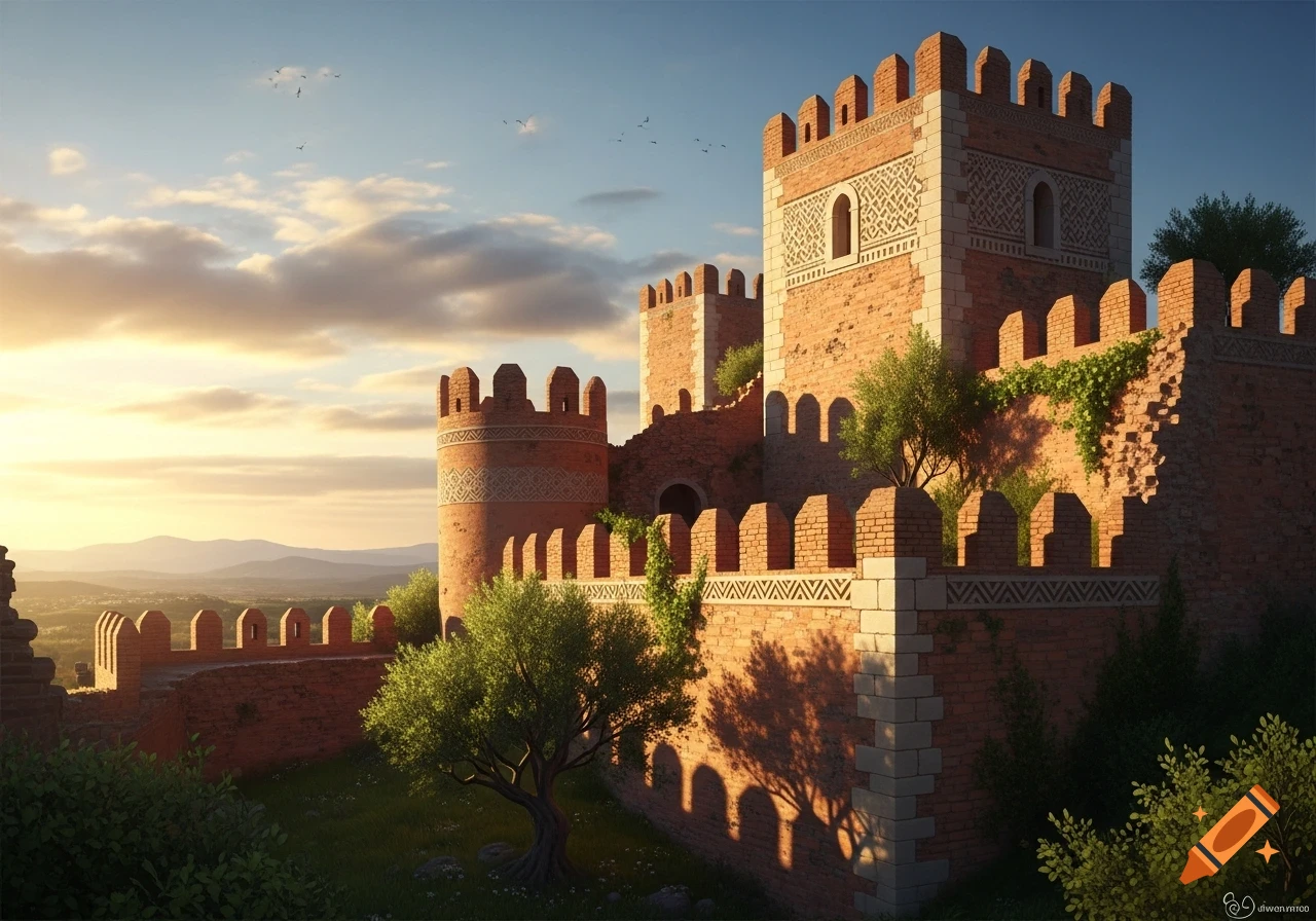 An ancient red brick and stone castle with battlements stands on a hill during a golden sunset, surrounded by green trees and distant mountains.