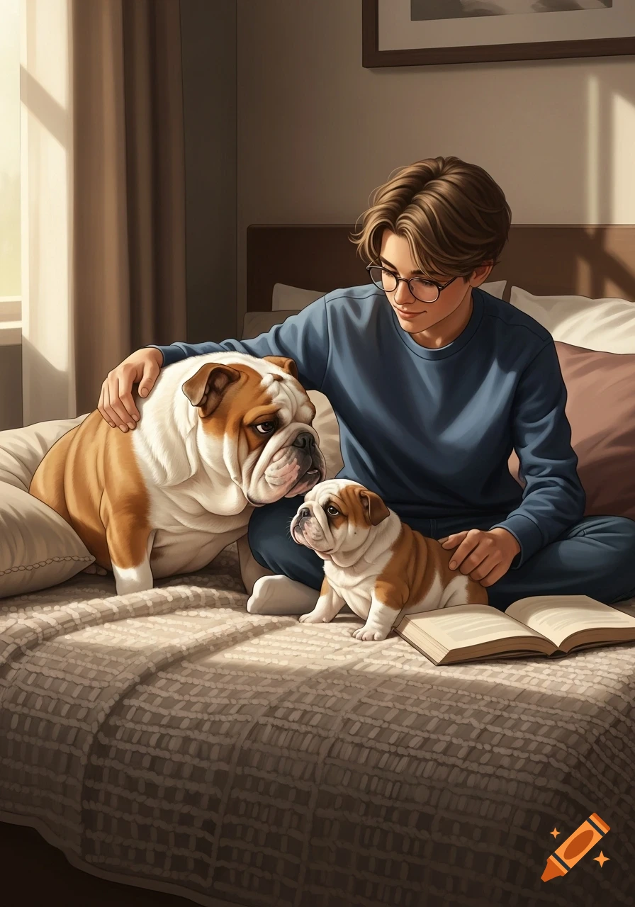A teen boy with glasses sits on a bed, petting a large bulldog and a puppy while an open book rests beside him.