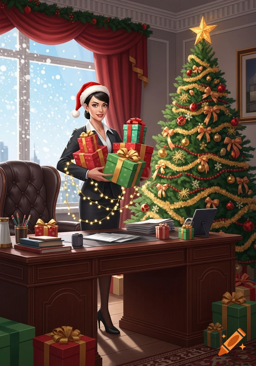 Businesswoman in Santa hat holds gifts in a festive office with a decorated Christmas tree and snow outside.