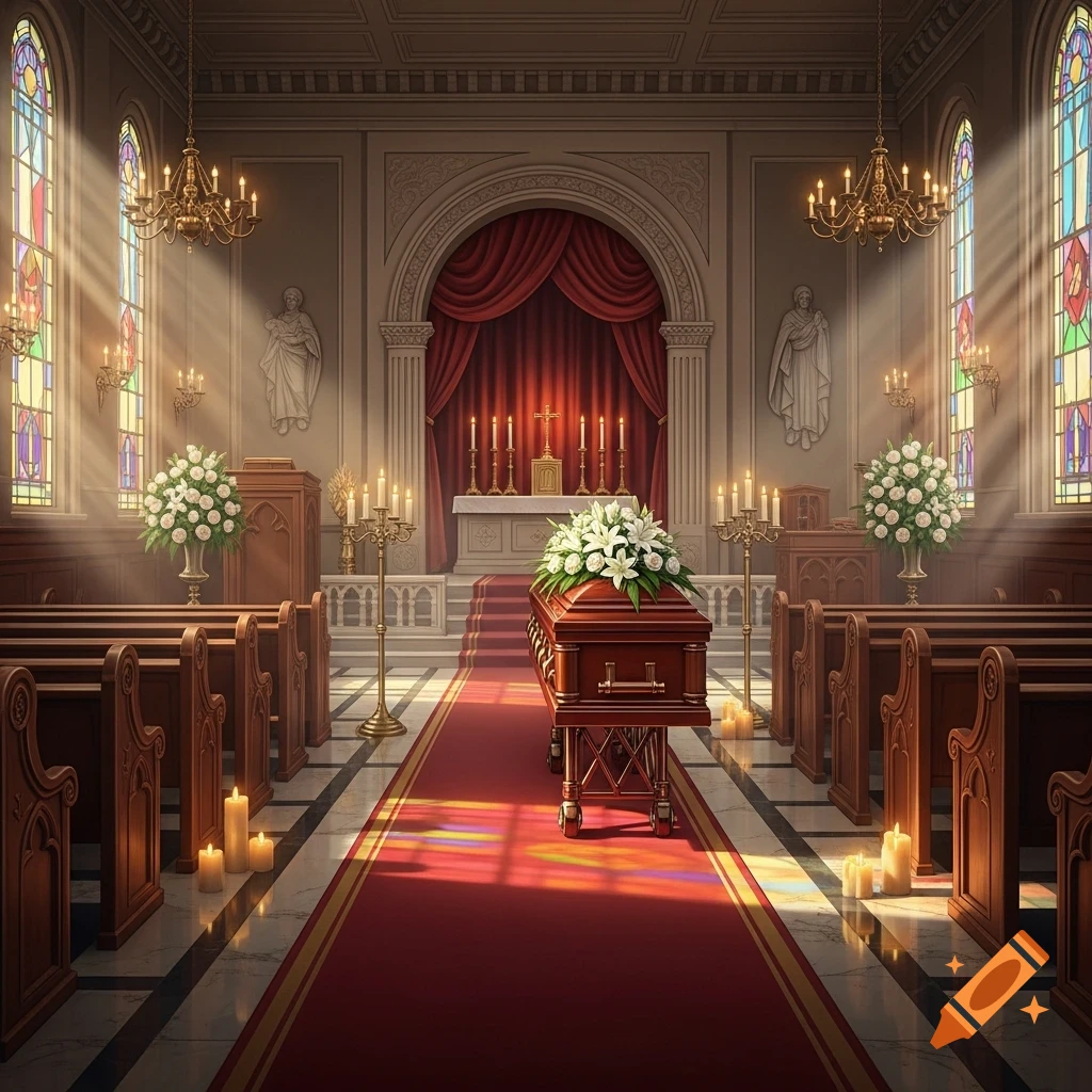 A solemn funeral service with a flower-adorned casket on a red carpet in a grand church, illuminated by sunlight through stained glass windows.