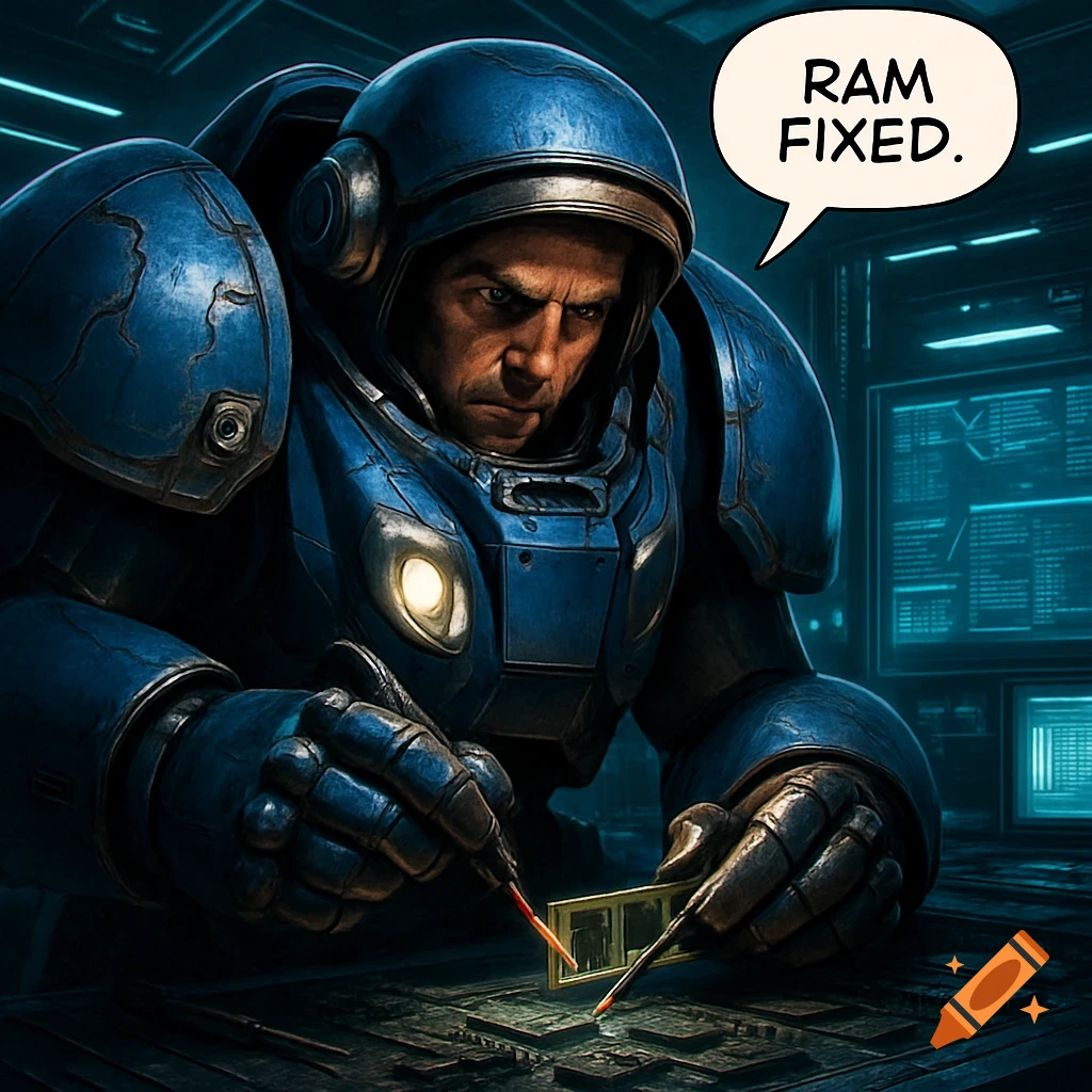 A Starcraft Terran marine in blue armor repairs computer RAM in a futuristic lab. A speech bubble says 'RAM FIXED.'