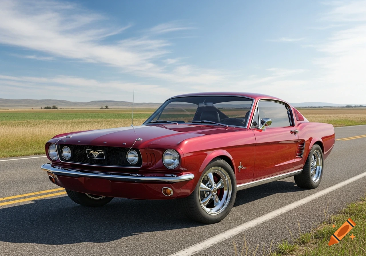 A shiny red classic Ford Mustang is parked on a road next to a golden field under a blue sky.