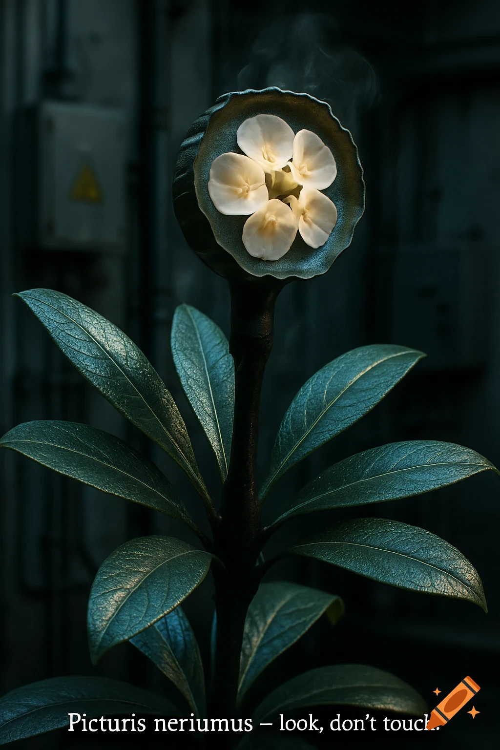 Close-up photorealistic image of a fictional plant with dark stem, green leaves, and glowing pale flowers that resemble a camera flash, steaming in an industrial setting.