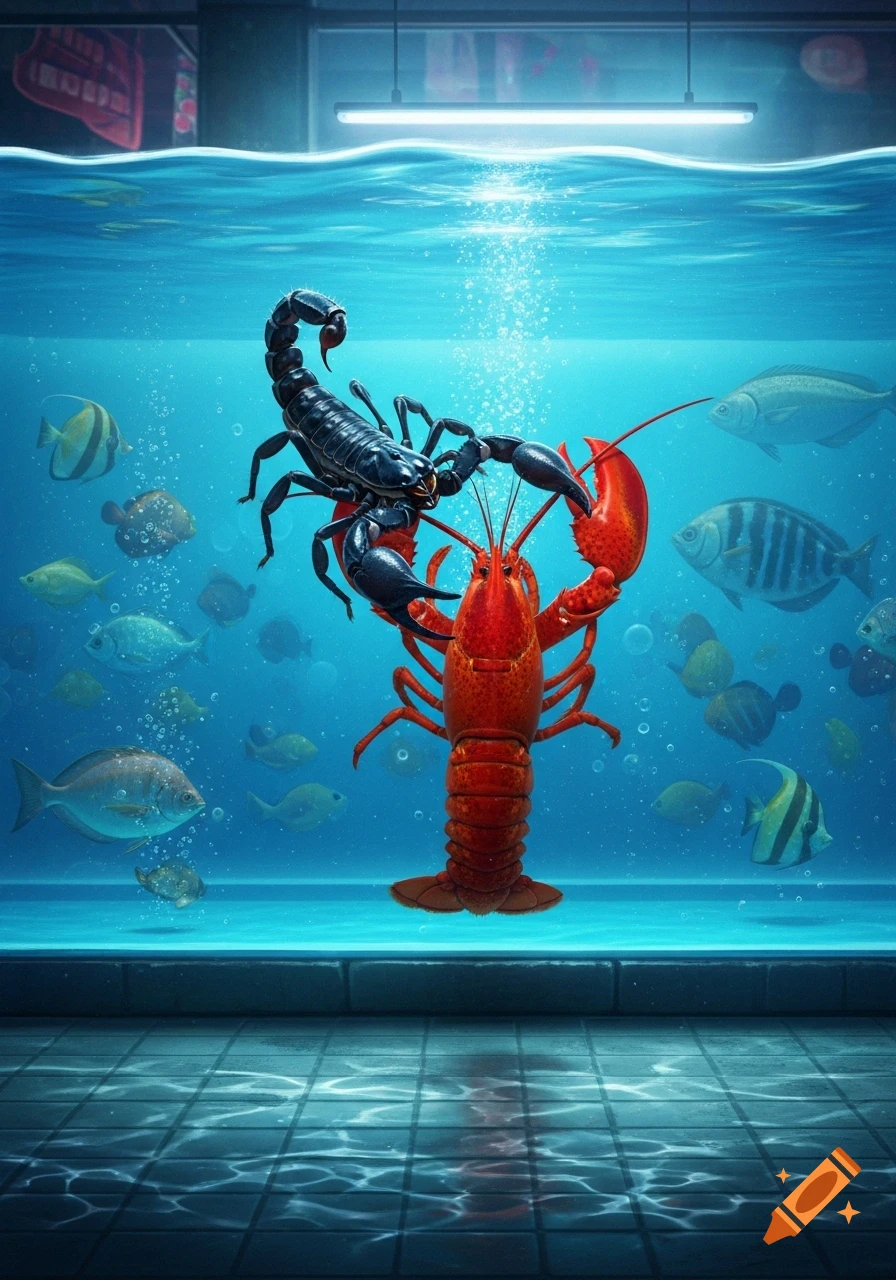 A black scorpion stands on a red lobster in a vibrant blue lobster tank filled with swimming fish.