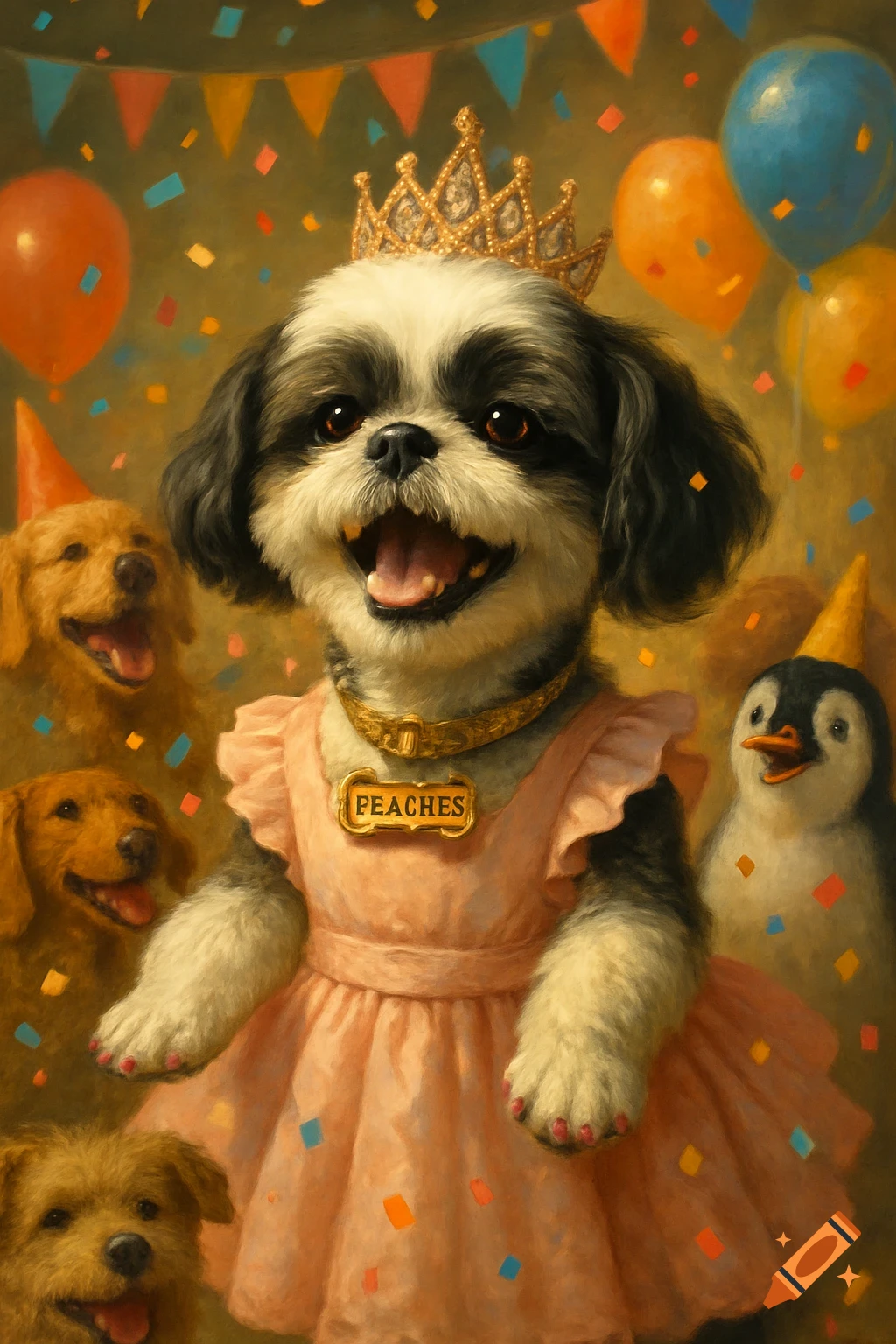Happy Shih Tzu dog in pink dress and crown at a birthday party with other dogs and a penguin, painterly style.