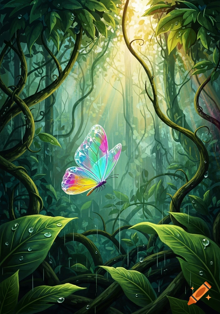 A vibrant, rainbow-colored butterfly flies through a lush, sunlit abstract rainforest with falling raindrops and dewy leaves.