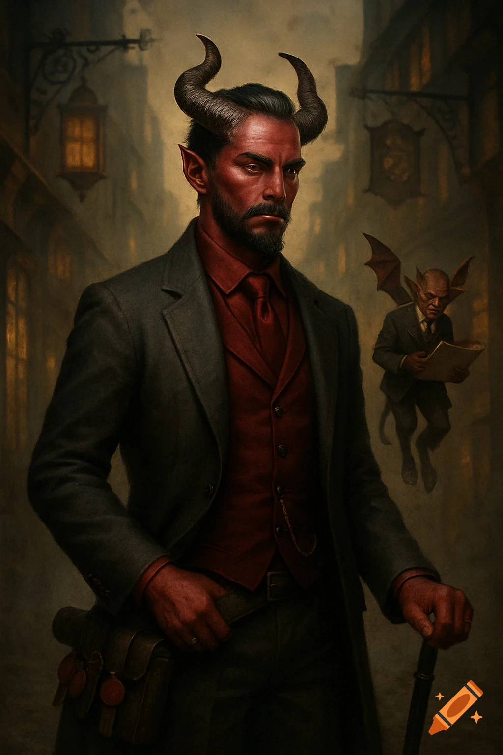 A red-skinned, horned man in a suit stands on a dark, misty city street, with a small winged imp in a suit holding a book floating behind him.