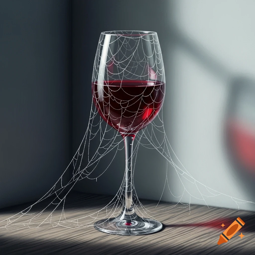 A photorealistic image of a wine glass filled with red wine, covered in intricate white cobwebs, sitting on a wooden surface.