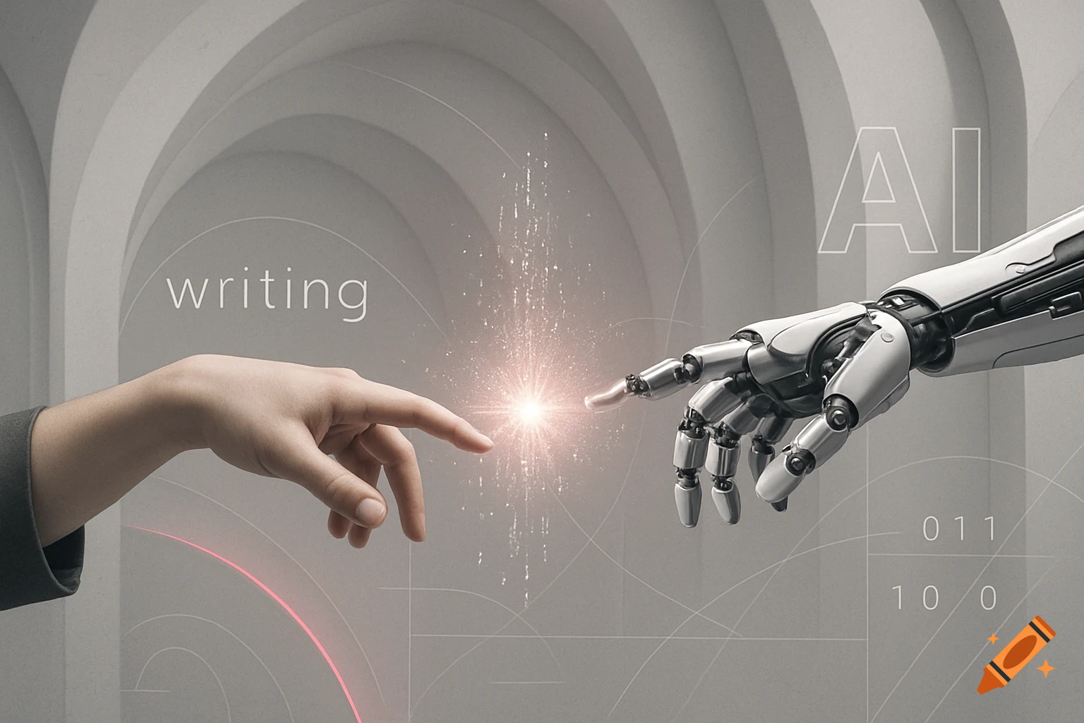 A human hand and a robotic hand almost touch, connected by a spark of light, against a gray background with the words "writing" and "AI" and binary code.