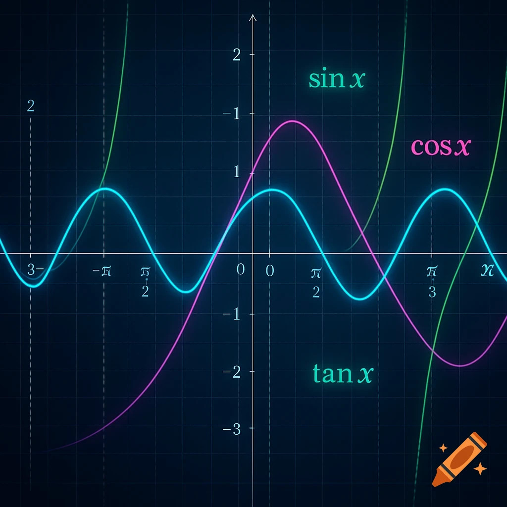 A glowing dark grid shows graphs of sine, cosine, and tangent functions in blue, pink, and green, respectively.