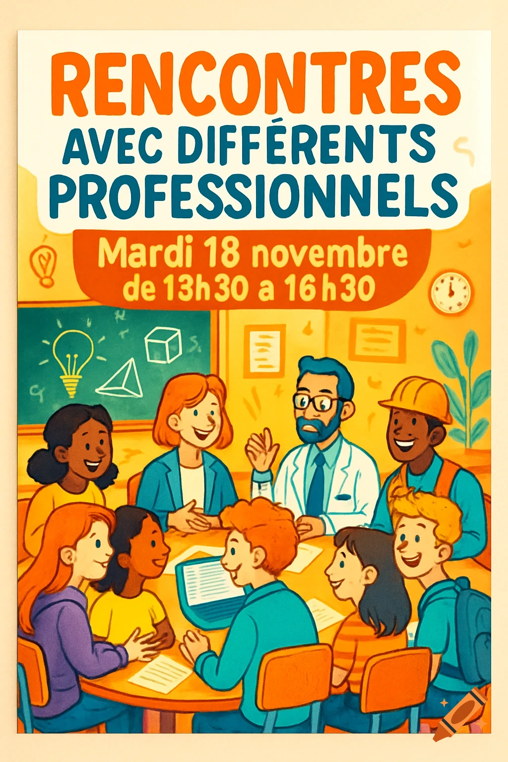 A colorful cartoon poster announcing 'Meetings with different professionals' with text in French, showing adults and children gathered around tables in a classroom setting.