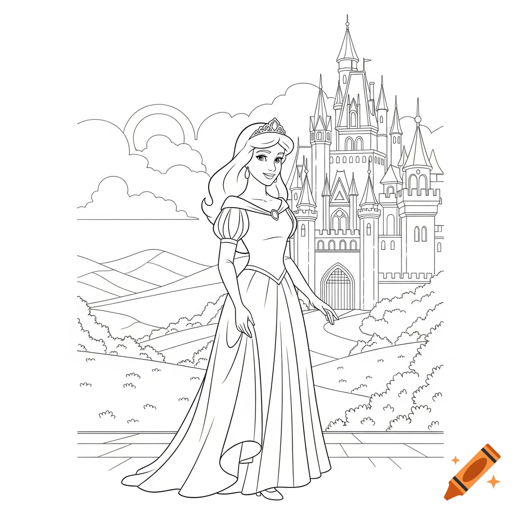 Line art of a smiling princess with a crown and long dress, standing in front of a majestic castle and rolling hills, in coloring book style.